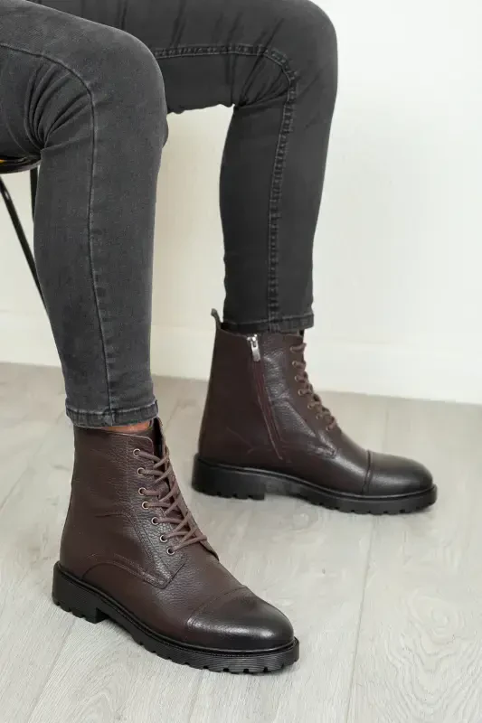 D402 Натуральная Кожа Непромерзаемые Зимние Мужские Ботинки Резиновая Подошва-Коричневый - 6