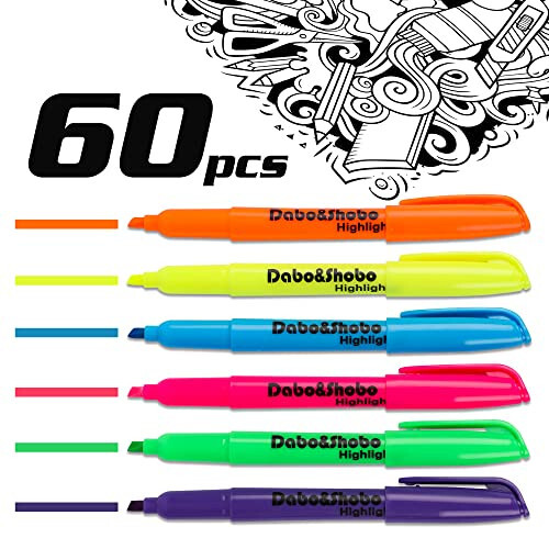 Dabo&Shobo Highlighters, 60 Bulk Pack Highlighter, Assorted Colors, Chisel Tip, Quick Drying For Highlighting - 3