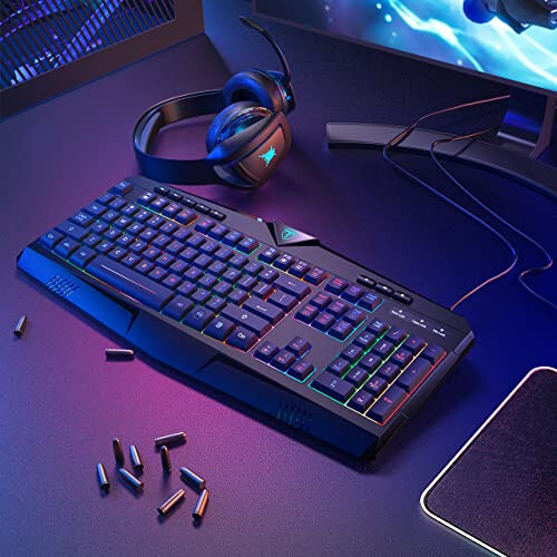 Dacoity Gaming Keyboard, Full Size RGB Backlit Quiet Computer Keyboard, Wrist Rest, Silent Keys, Multimedia Keys, Anti-ghosting, Waterproof Light Up USB Wired Keyboard for PC Mac Xbox Gamer Office - 7