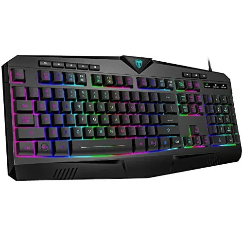 Dacoity Gaming Keyboard, Full Size RGB Backlit Quiet Computer Keyboard, Wrist Rest, Silent Keys, Multimedia Keys, Anti-ghosting, Waterproof Light Up USB Wired Keyboard for PC Mac Xbox Gamer Office - Dacoity