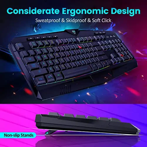 Dacoity Gaming Keyboard, Full Size RGB Backlit Quiet Computer Keyboard, Wrist Rest, Silent Keys, Multimedia Keys, Anti-ghosting, Waterproof Light Up USB Wired Keyboard for PC Mac Xbox Gamer Office - 3