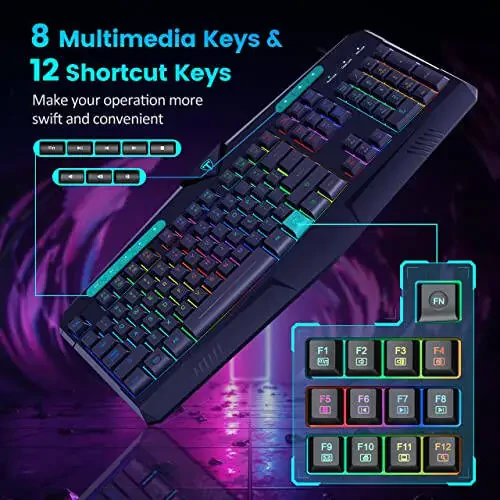 Dacoity Gaming Keyboard, Full Size RGB Backlit Quiet Computer Keyboard, Wrist Rest, Silent Keys, Multimedia Keys, Anti-ghosting, Waterproof Light Up USB Wired Keyboard for PC Mac Xbox Gamer Office - 4