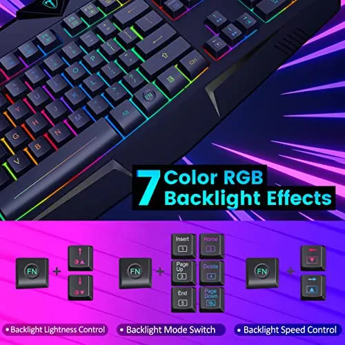 Dacoity Gaming Keyboard, Full Size RGB Backlit Quiet Computer Keyboard, Wrist Rest, Silent Keys, Multimedia Keys, Anti-ghosting, Waterproof Light Up USB Wired Keyboard for PC Mac Xbox Gamer Office - Dacoity (1)
