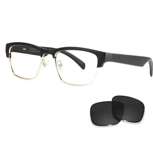 Generic Smart Glasses Bluetooth Audio Glasses for Men Women with Built-in Mic & Speakers, Blue Light Filter & Polarized Sunglasses Lenses, Voice Assistant, Open Ear Music & HD Calling (Black Gold) - 1