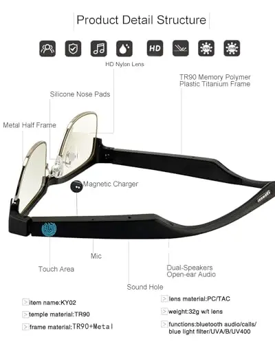 Generic Smart Glasses Bluetooth Audio Glasses for Men Women with Built-in Mic & Speakers, Blue Light Filter & Polarized Sunglasses Lenses, Voice Assistant, Open Ear Music & HD Calling (Black Gold) - 6