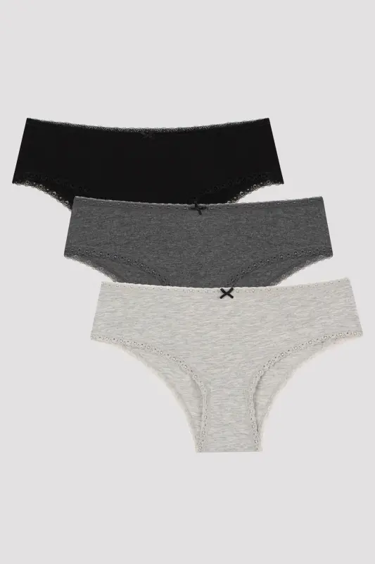 Daily Lace Cotton 3-pack Gray Hipster Panties-Gray - PENTI