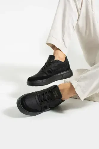 Daily Men's Black Sneaker Lace-up Stitched Lightweight Comfortable Walking Sports Shoe 2029-Black - İMERSHOES (1)