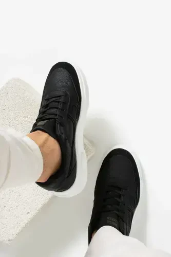 Daily Men's Black White Sneaker Lace-up Stitched Lightweight Comfortable Walking Sports Shoes 2029-Black - 3