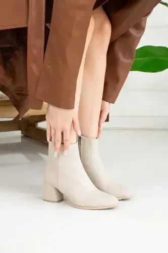 Daily Women's Beige Boots Chunky Heel Zippered Comfortable Lightweight Short Bootie 2001-BEJ BEJ - 3