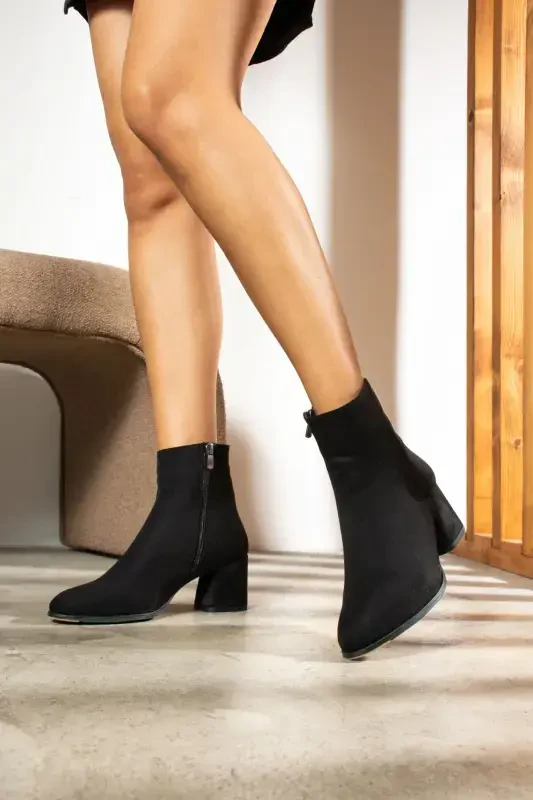 Daily Women's Black Suede Boots Chunky Heel Zippered Comfortable Lightweight Short Bootie 2001-Black Suede - 2