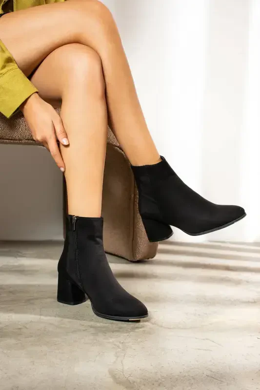 Daily Women's Black Suede Boots Chunky Heel Zippered Comfortable Lightweight Short Bootie 2001-Black Suede - 3
