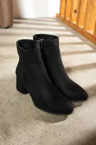 Daily Women's Black Suede Boots Chunky Heel Zippered Comfortable Lightweight Short Bootie 2001-Black Suede - 5