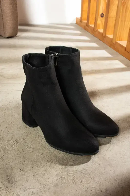 Daily Women's Black Suede Boots Chunky Heel Zippered Comfortable Lightweight Short Bootie 2001-Black Suede - 5