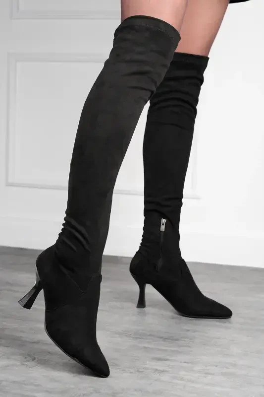 Daily Women's Boots Suede Thin High Heel Pointed Toe Over Knee Lace Up Zippered 174-SUEDE BLACK 174 - 1