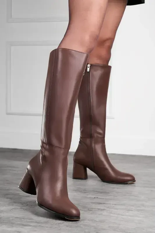 Daily Women's Brown Oval Toe High Block Heel Zippered Knee High Comfort Boots 3001-bitter coffee - 1