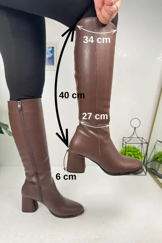 Daily Women's Brown Oval Toe High Block Heel Zippered Knee High Comfort Boots 3001-bitter coffee - 4