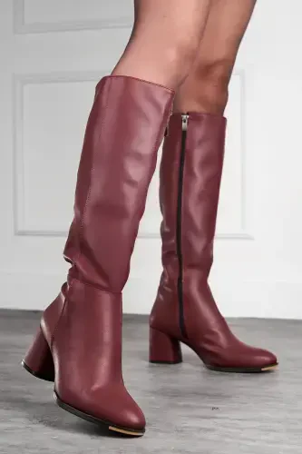 Daily Women's Burgundy Oval Toe High Block Heel Zippered Below Knee Comfortable Boot 3001-Burgundy - 1