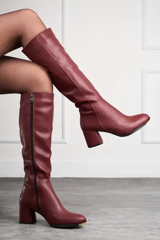 Daily Women's Burgundy Oval Toe High Block Heel Zippered Below Knee Comfortable Boot 3001-Burgundy - 3