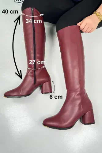 Daily Women's Burgundy Oval Toe High Block Heel Zippered Below Knee Comfortable Boot 3001-Burgundy - 4
