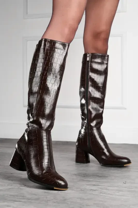 Daily Women's Coffee Crocodile High Chunky Heel Zippered Below Knee Comfortable Boot 3001-COFFEE PATENT CROCO - İMERSHOES