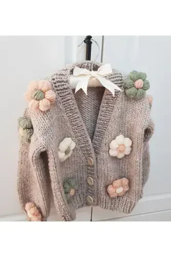 Daisy Detailed Hand Knit Children's Cardigan, Baby Cardigan-BROWN - 1
