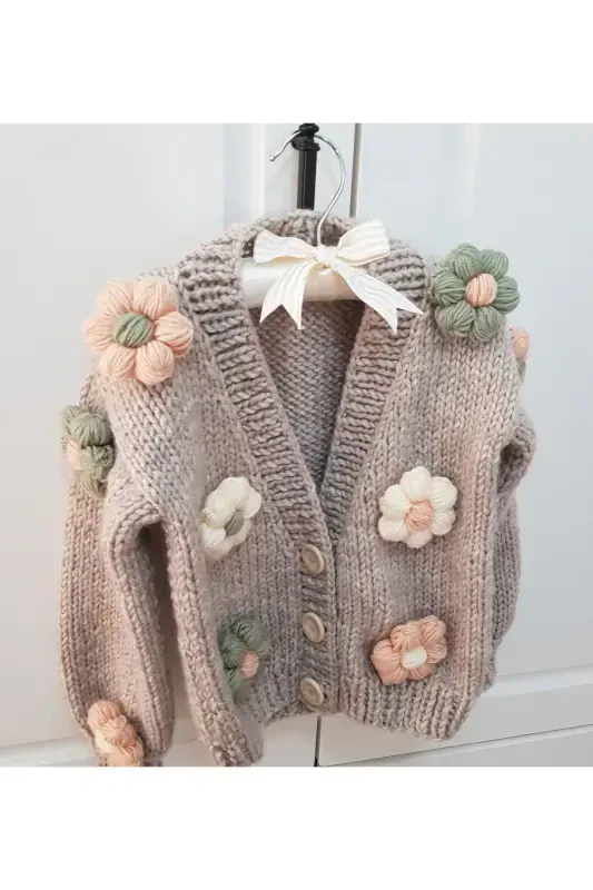 Daisy Detailed Hand Knit Children's Cardigan, Baby Cardigan-BROWN - 1