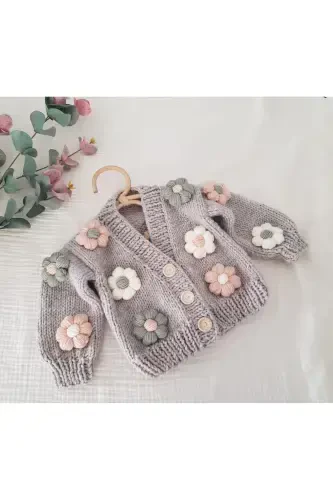 Daisy Detailed Hand Knit Children's Cardigan, Baby Cardigan-BROWN - EL ÖRGÜSÜ (1)