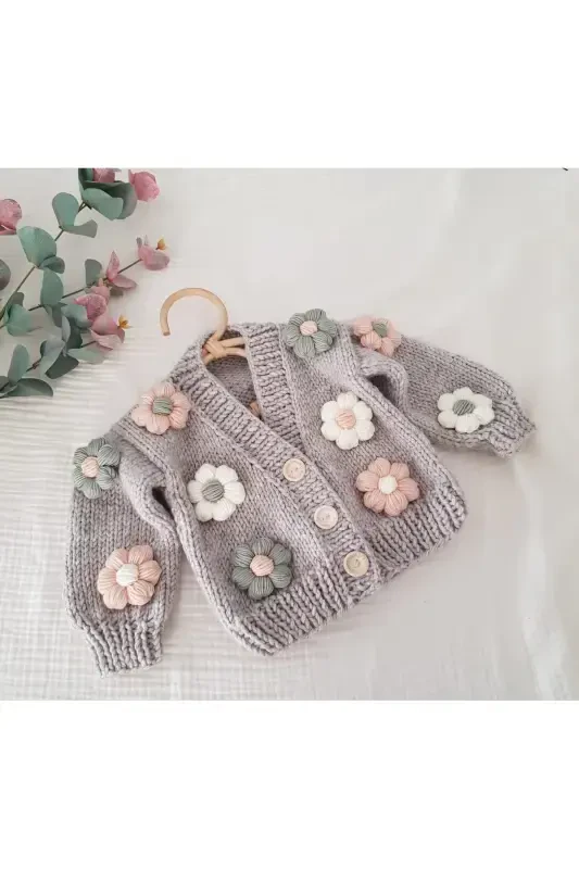 Daisy Detailed Hand Knit Children's Cardigan, Baby Cardigan-BROWN - 2