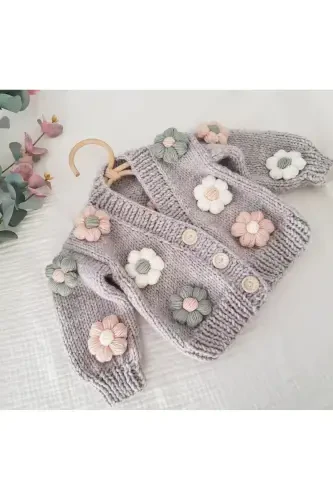 Daisy Detailed Hand Knit Children's Cardigan, Baby Cardigan-BROWN - 3