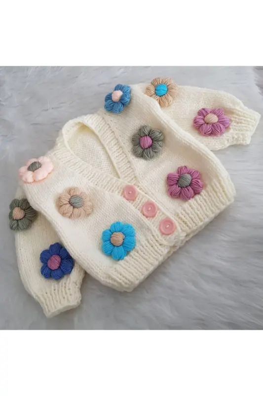 Daisy Detailed Hand Knit Children's Cardigan, Baby Cardigan-MULTI-COLORED - EL ÖRGÜSÜ