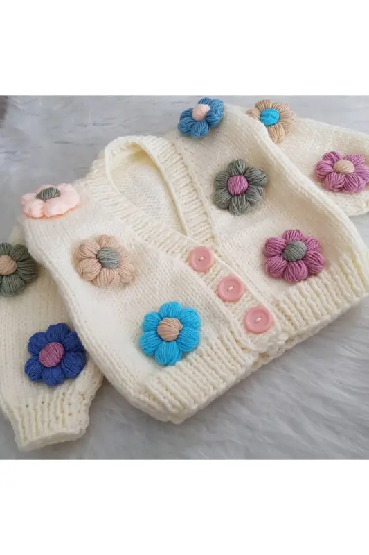 Daisy Detailed Hand Knit Children's Cardigan, Baby Cardigan-MULTI-COLORED - 2