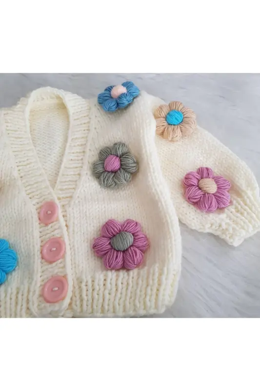 Daisy Detailed Hand Knit Children's Cardigan, Baby Cardigan-MULTI-COLORED - 3