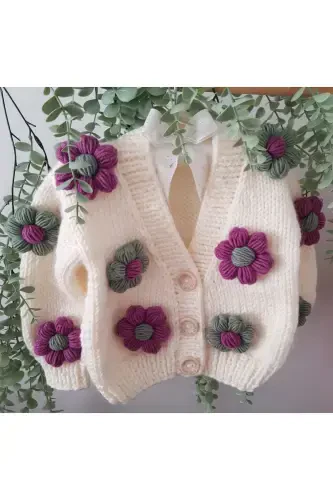 Daisy Detailed Hand Knit Children's Cardigan, Baby Cardigan-WHITE - 1