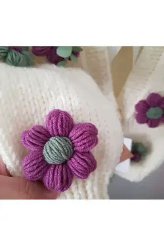 Daisy Detailed Hand Knit Children's Cardigan, Baby Cardigan-WHITE - EL ÖRGÜSÜ (1)