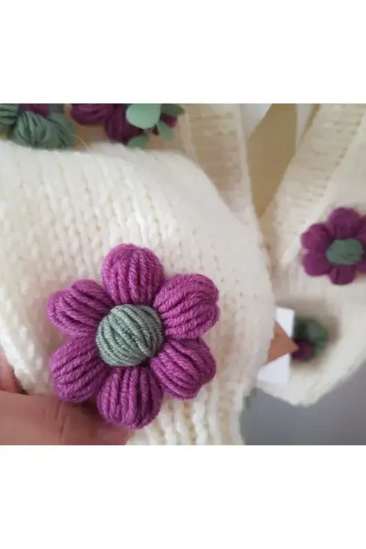 Daisy Detailed Hand Knit Children's Cardigan, Baby Cardigan-WHITE - 2