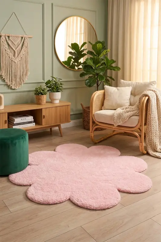 Daisy Flower Shape Rug Fluffy Area Rug Modern Mat-PINK For Living Room Kids Room Plush Bedroom - 2