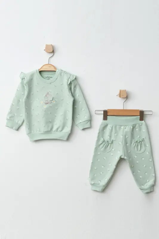 Daisy Patterned 2-Piece Baby Outfit 3 Months - 36 Months Size-Green - AZIZ BEBE