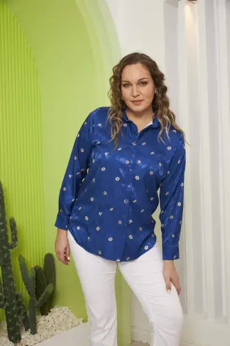 Daisy Patterned Plus Size Sax Shirt - 4
