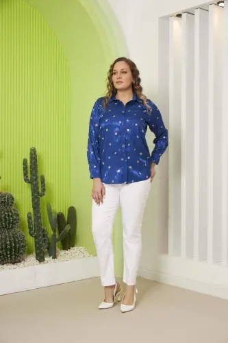 Daisy Patterned Plus Size Sax Shirt - 6