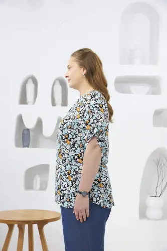 Daisy Print Mandarin Collar Plus Size Blouse Baby Blue - BÜYÜKBEDENIZ (1)