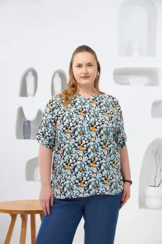 Daisy Print Mandarin Collar Plus Size Blouse Baby Blue - 1