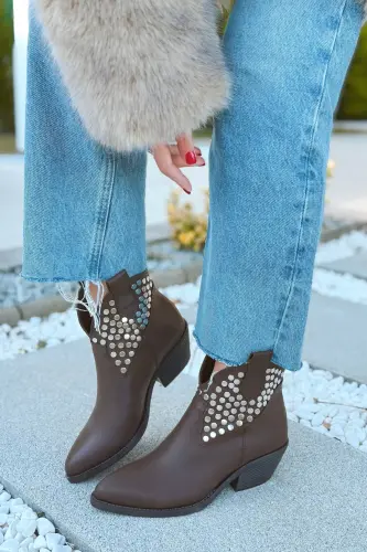 Dakota Troklu Kadın Kovboy Bot Bootie Western Çizme-Acı Kahverengi Cilt - POLKA STORE (1)
