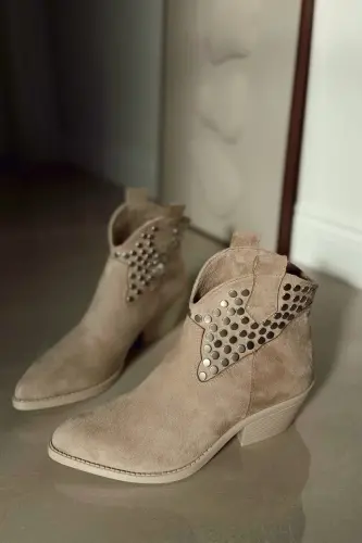 Dakota Troklu Kadın Kovboy Bot Bootie Western Çizme-Bej - POLKA STORE (1)