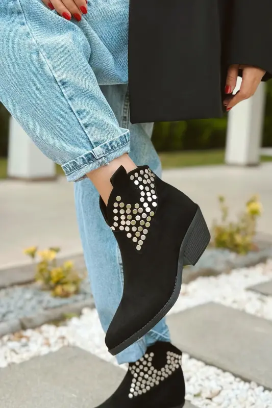 Dakota Troklu Kadın Kovboy Bot Bootie Western Çizme - Siyah süet - POLKA STORE