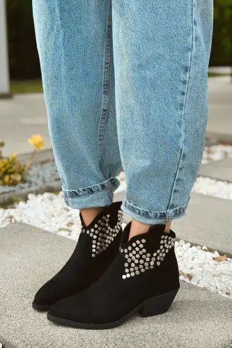 Dakota Troklu Kadın Kovboy Bot Bootie Western Çizme - Siyah süet - 6