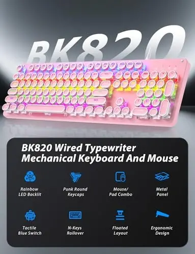 Typewriter Mechanical Gaming Keyboard and Mouse, Metal Panel Retro Keyboards with Round Keycap Blue Switch, Rainbow LED Backlit 104-Key Anti-Ghost Wired Mouse and Pad Combo for PC Laptop Mac Gamer - 2