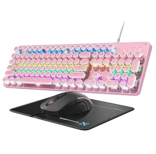 Typewriter Mechanical Gaming Keyboard and Mouse, Metal Panel Retro Keyboards with Round Keycap Blue Switch, Rainbow LED Backlit 104-Key Anti-Ghost Wired Mouse and Pad Combo for PC Laptop Mac Gamer - TAIAHIRO