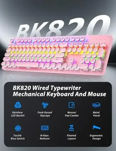 Typewriter Mechanical Gaming Keyboard and Mouse, Metal Panel Retro Keyboards with Round Keycap Blue Switch, Rainbow LED Backlit 104-Key Anti-Ghost Wired Mouse and Pad Combo for PC Laptop Mac Gamer - TAIAHIRO (1)
