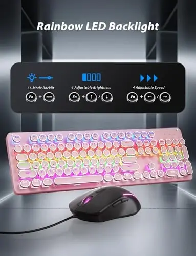 Typewriter Mechanical Gaming Keyboard and Mouse, Metal Panel Retro Keyboards with Round Keycap Blue Switch, Rainbow LED Backlit 104-Key Anti-Ghost Wired Mouse and Pad Combo for PC Laptop Mac Gamer - 5
