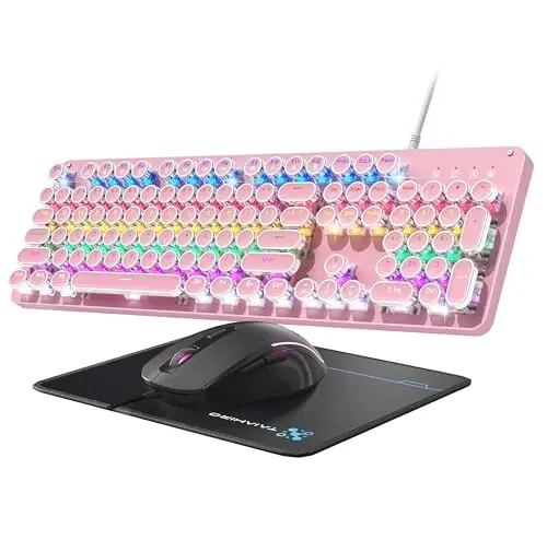 Typewriter Mechanical Gaming Keyboard and Mouse, Metal Panel Retro Keyboards with Round Keycap Blue Switch, Rainbow LED Backlit 104-Key Anti-Ghost Wired Mouse and Pad Combo for PC Laptop Mac Gamer 
